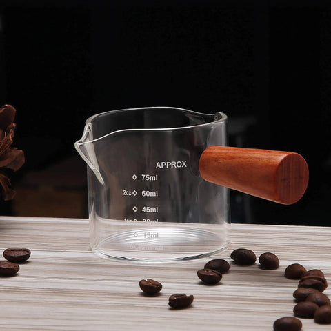 Double Spouts Measuring Short Cup Coffee Espresso Pitcher Milk Cup Heat-resisting Glass Scale Measure Jug Mugs Wooden Handle
