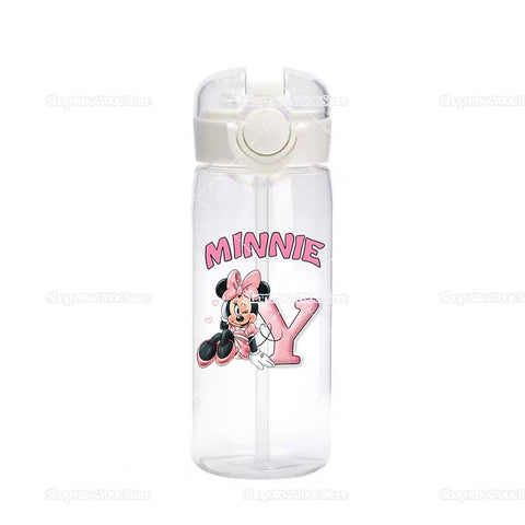 Mickey Minnie Mouse A-Z Print Transparent Water Bottle with Strap for Kids Milk Coffee Juice Cups 400ML Portable Breakfast Mug