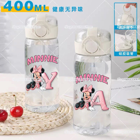 Mickey Minnie Mouse A-Z Print Transparent Water Bottle with Strap for Kids Milk Coffee Juice Cups 400ML Portable Breakfast Mug