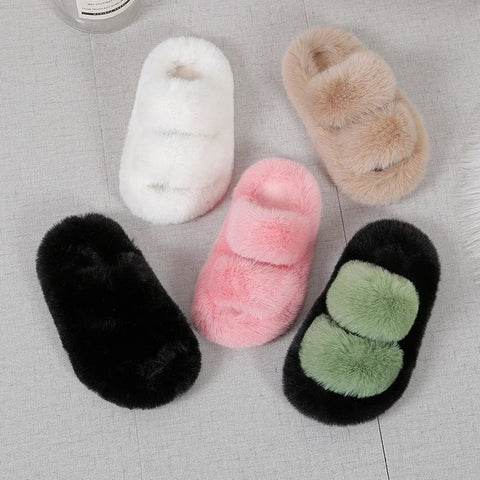 Girls Winter Fur Slippers Classic Simple Plush Slippers Children Fashion Non-slip Open-toe Kids Causal Cotton Shoes Versatile