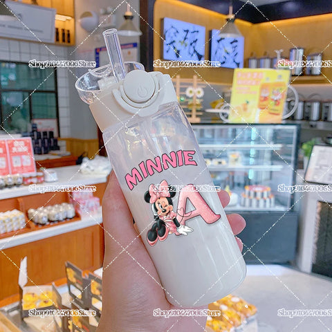 Mickey Minnie Mouse A-Z Print Transparent Water Bottle with Strap for Kids Milk Coffee Juice Cups 400ML Portable Breakfast Mug