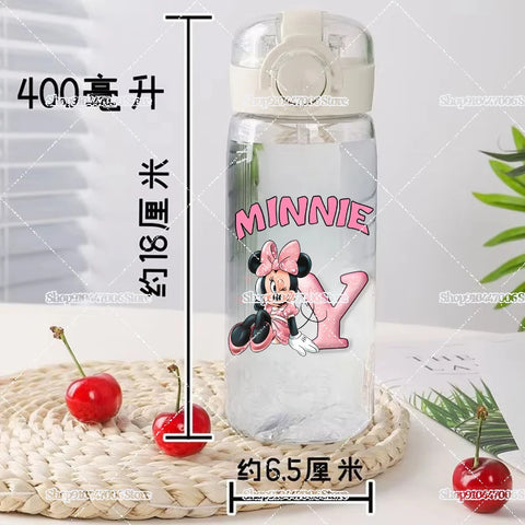Mickey Minnie Mouse A-Z Print Transparent Water Bottle with Strap for Kids Milk Coffee Juice Cups 400ML Portable Breakfast Mug