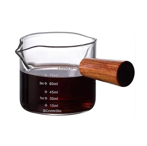 Double Spouts Measuring Short Cup Coffee Espresso Pitcher Milk Cup Heat-resisting Glass Scale Measure Jug Mugs Wooden Handle