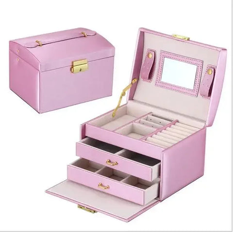 New Princess-style Leather Jewelry Box with Mirror Cosmetic Holder  Jewel Case Upscale Jewelry Organizer Birthday Wedding Gift