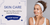 Woman applying cream to her face with a promotional text for skincare products on the left.