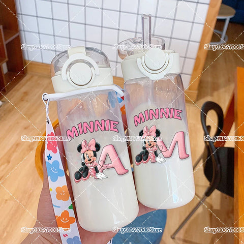 Mickey Minnie Mouse A-Z Print Transparent Water Bottle with Strap for Kids Milk Coffee Juice Cups 400ML Portable Breakfast Mug