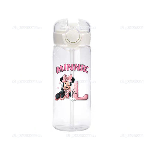 Mickey Minnie Mouse A-Z Print Transparent Water Bottle with Strap for Kids Milk Coffee Juice Cups 400ML Portable Breakfast Mug