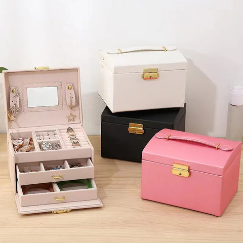 New Princess-style Leather Jewelry Box with Mirror Cosmetic Holder  Jewel Case Upscale Jewelry Organizer Birthday Wedding Gift