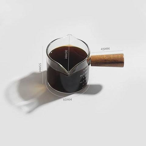Double Spouts Measuring Short Cup Coffee Espresso Pitcher Milk Cup Heat-resisting Glass Scale Measure Jug Mugs Wooden Handle