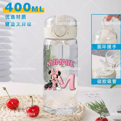 Mickey Minnie Mouse A-Z Print Transparent Water Bottle with Strap for Kids Milk Coffee Juice Cups 400ML Portable Breakfast Mug