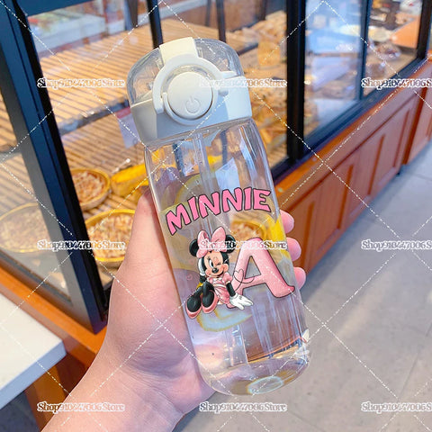 Mickey Minnie Mouse A-Z Print Transparent Water Bottle with Strap for Kids Milk Coffee Juice Cups 400ML Portable Breakfast Mug