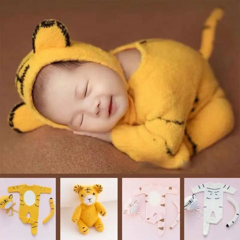 C90B Newborn Photography Props Baby Romper Hat for Doll Tail Infants Photo Jumpsuit Bodysuit
