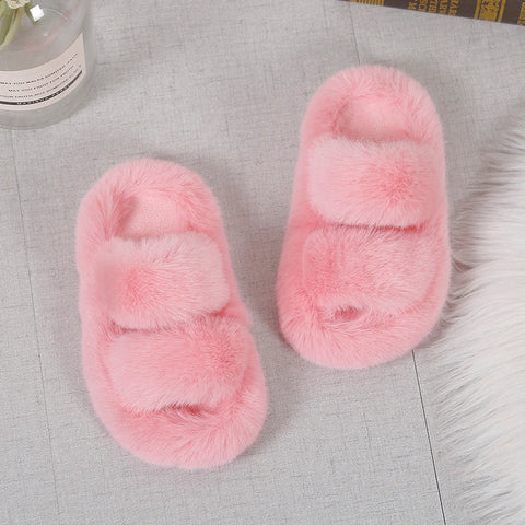 Girls Winter Fur Slippers Classic Simple Plush Slippers Children Fashion Non-slip Open-toe Kids Causal Cotton Shoes Versatile